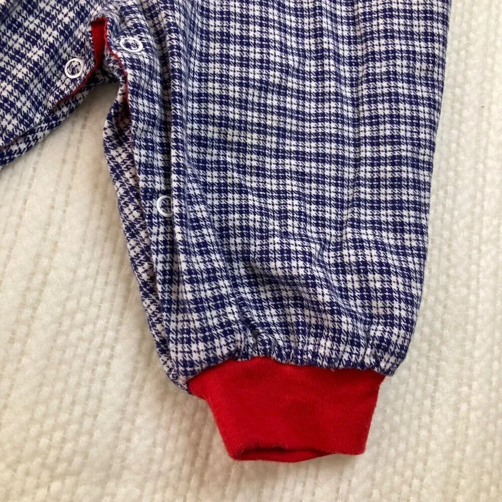 Infants Vintage Hooded‎ Plaid Coverall Bear Blue White Red Cotton 6 - 9mos